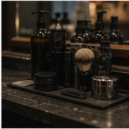 Estación de barbería con espejo y productos